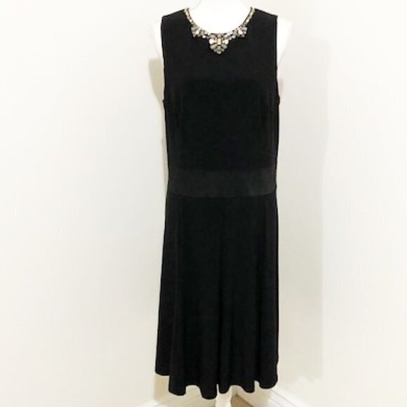 𝅺LAUREN Ralph Lauren Black Sleeveless A-Line Dress w/ Beaded Neckline - Picture 1 of 6